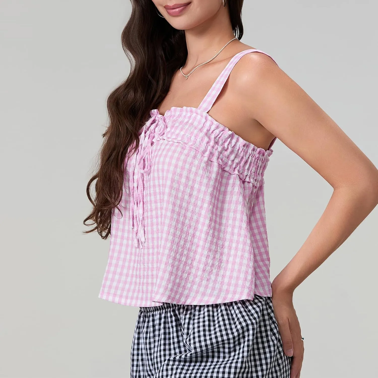 Mxiqqpltky Women Cute Plaid Camisole Y2K Tie Front Square Neck Loose Fit Cropped Tank Tops Casual Smocked Flowy Hem Cami Vest