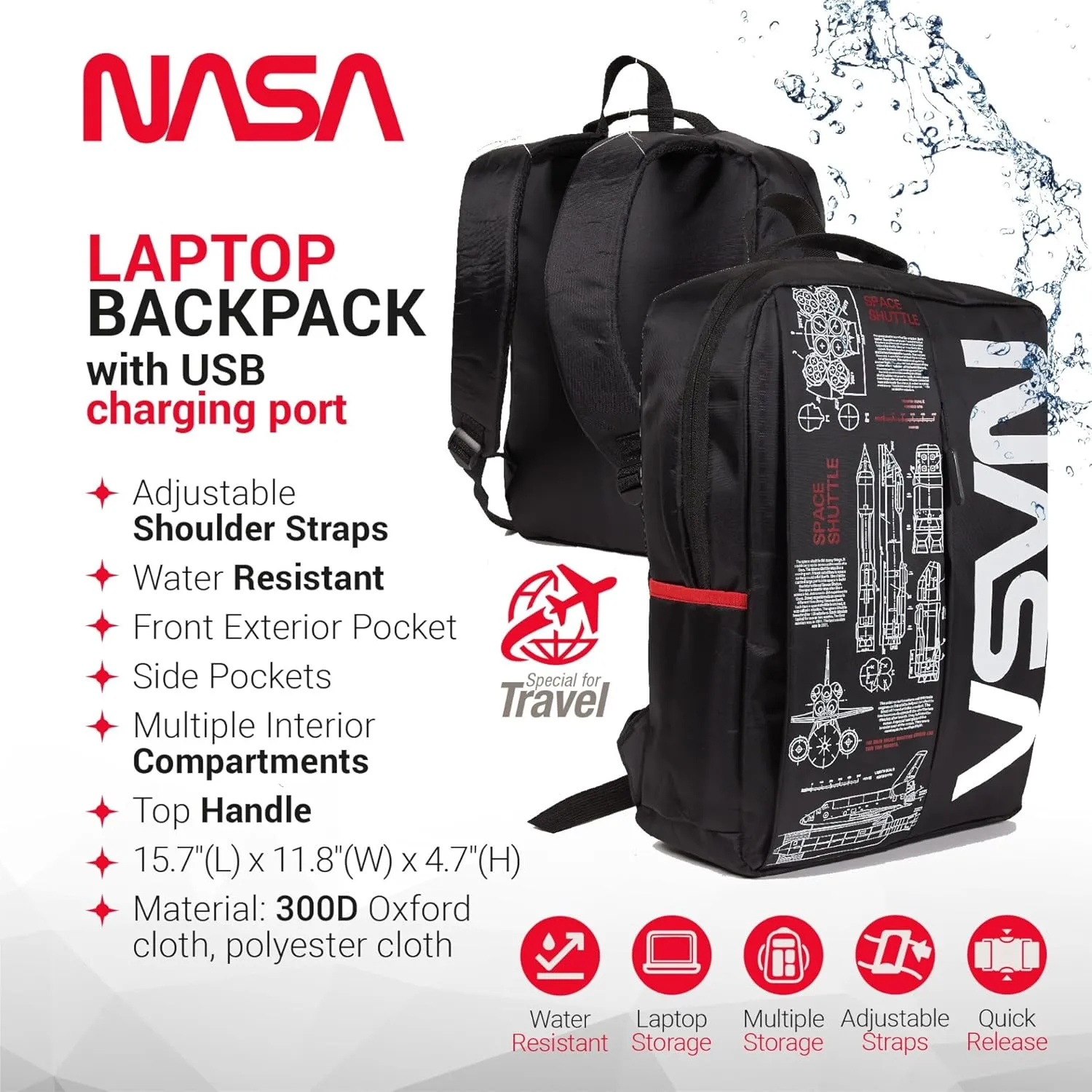 NASA Laptop Backpack For Women And Men - 15 Inch Laptop Bag With USB Port & Elegant Design - Waterproof Backpack With Adjustable Straps (White)