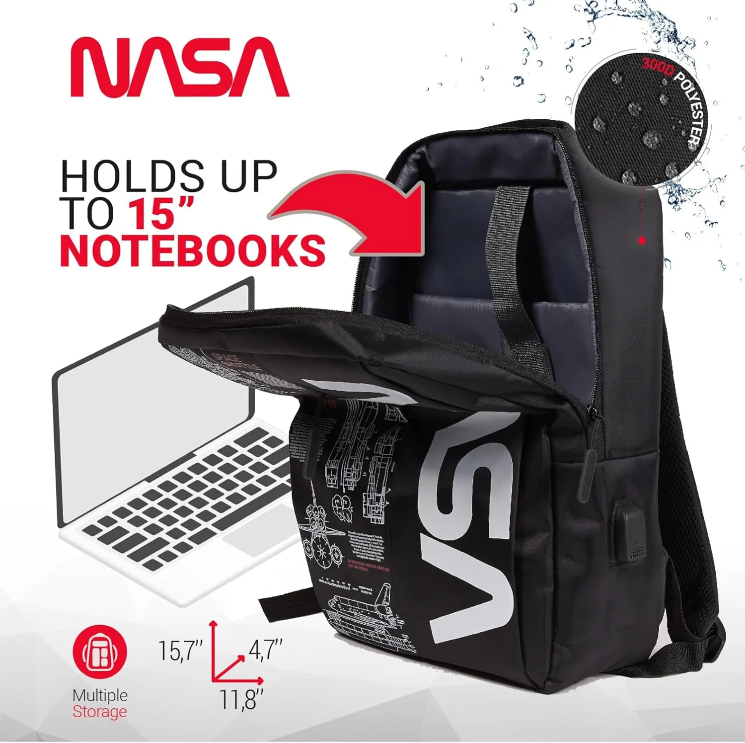 NASA Laptop Backpack For Women And Men - 15 Inch Laptop Bag With USB Port & Elegant Design - Waterproof Backpack With Adjustable Straps (White)