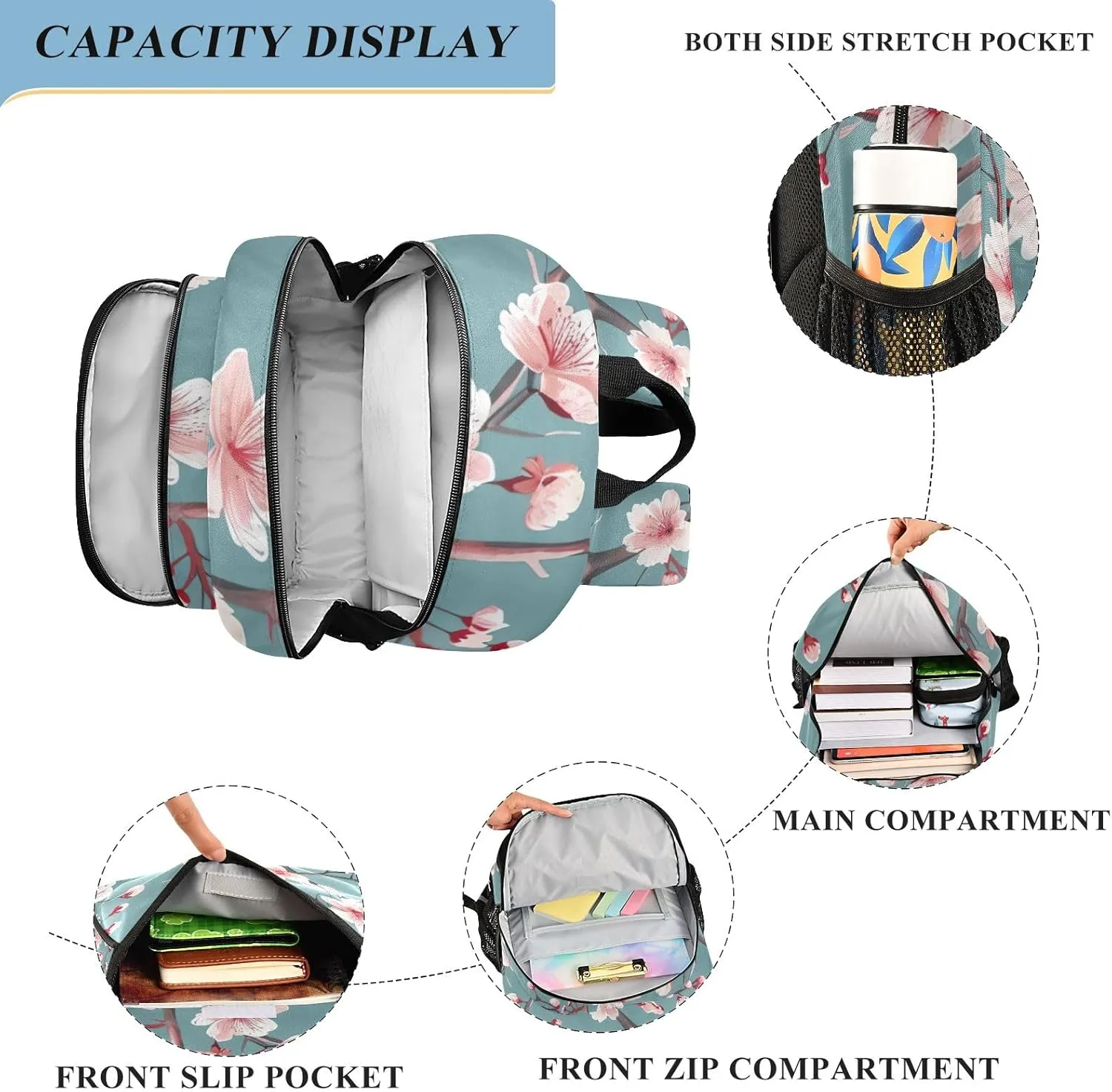ODAWA Cherry Blossom Flowers Laptop Travel Bag Men Elementary School Backpack for Boys Travel Bags for Teen Girls
