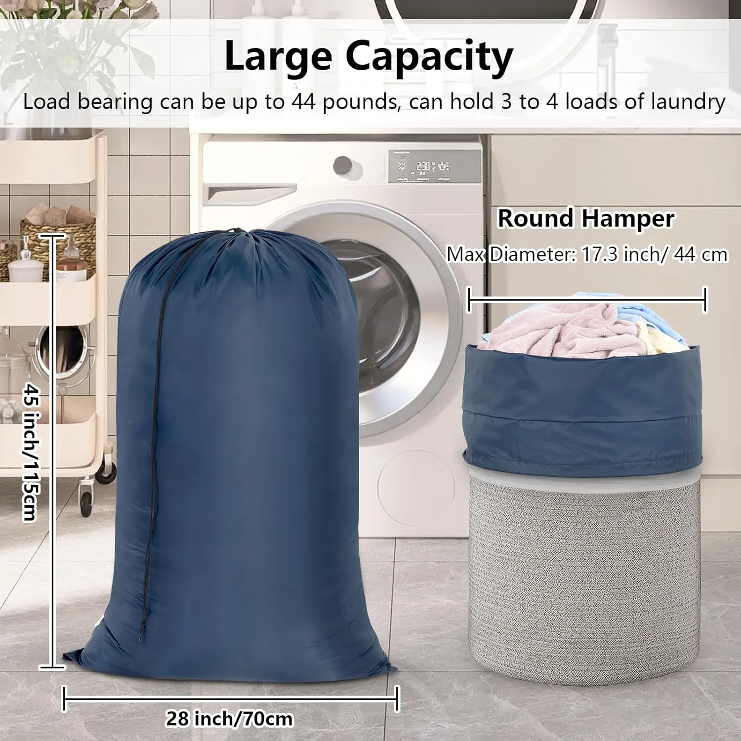 OTraki 2 Pack Extra Large Laundry Bag, 28 x 45 Inch Heavy Duty Laundry Bag Machine Washable Dirty Clothes Organizer Drawstring Hamper Basket Liner Bag for Travel Camp Home Dorm (Navy Blue)