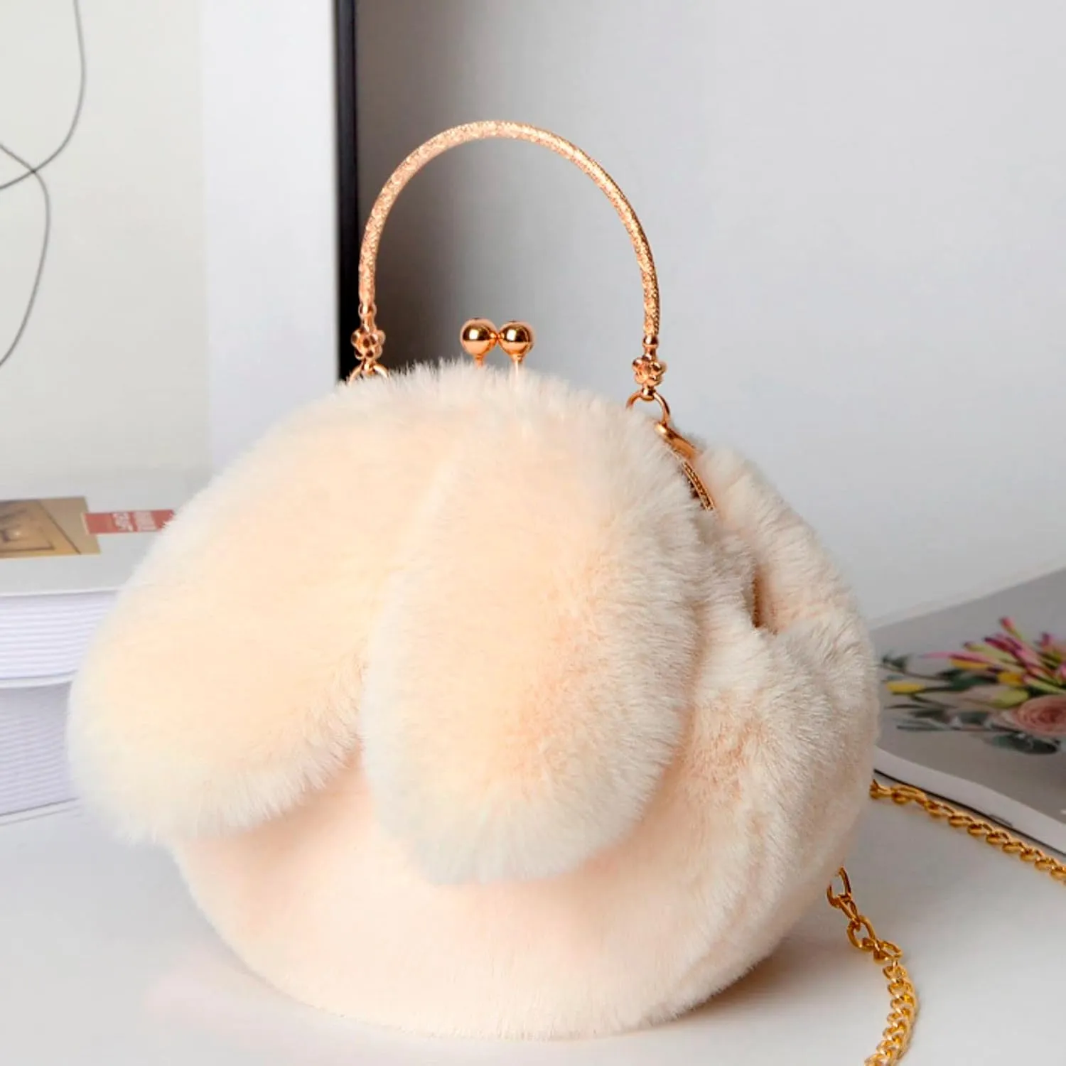 Outdoor Cute Ladies Shoulder Bag Casual Shopping Messenger Bags Round Cat Ear Plush Handbag Womens Small (WH2, One Size)