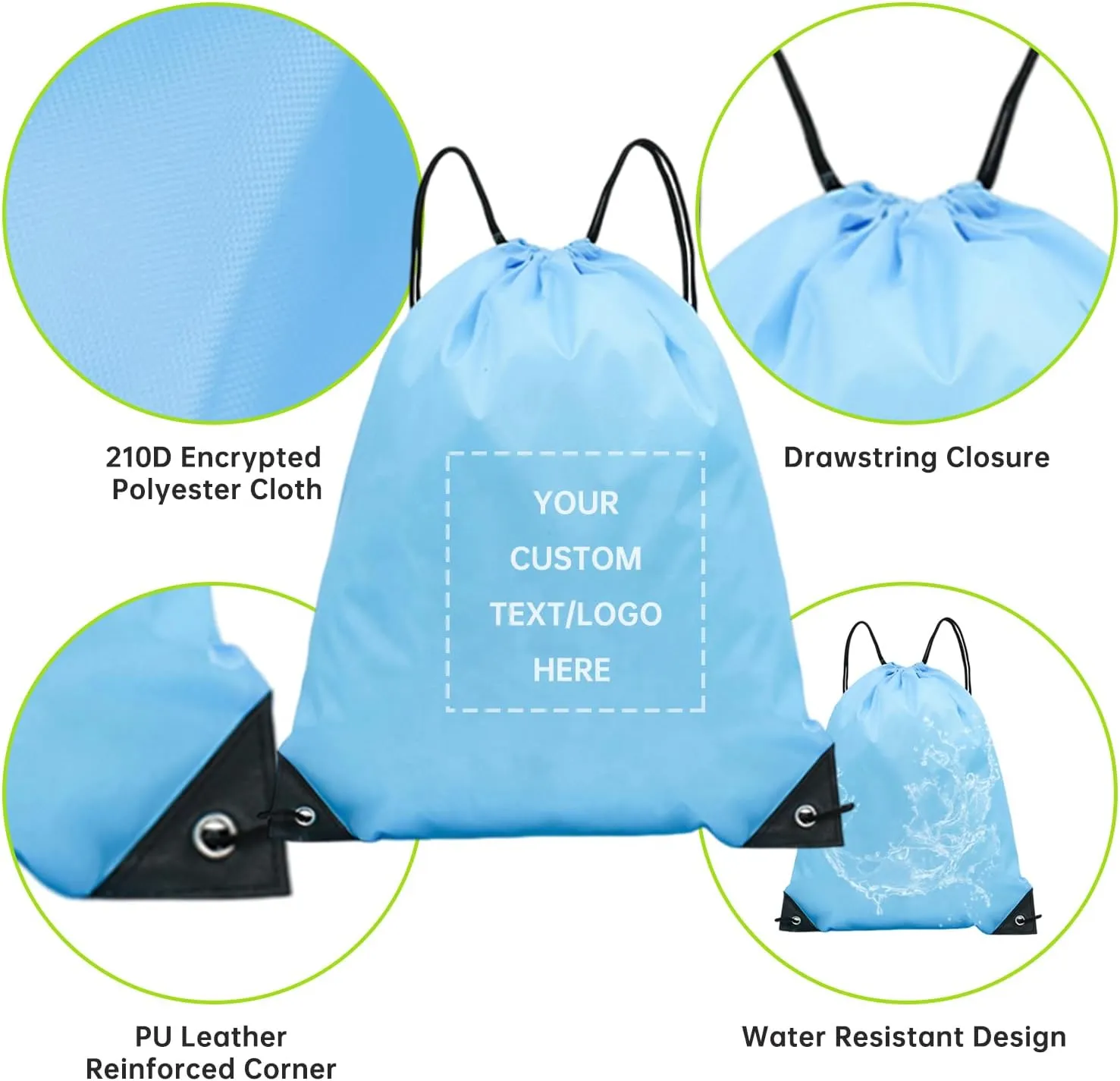 pack of 50 Custom Bags With Your Logo,Drawstring Backpacks Bulk String Bag,Great for Travelling, Gym and for Everyday Use (Custom Sky Blue)