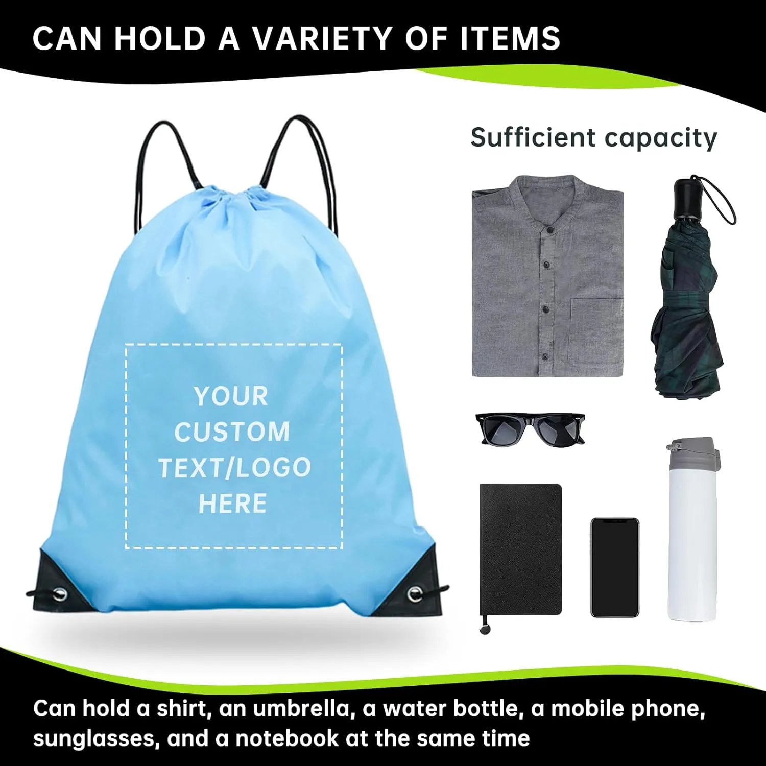 pack of 50 Custom Bags With Your Logo,Drawstring Backpacks Bulk String Bag,Great for Travelling, Gym and for Everyday Use (Custom Sky Blue)