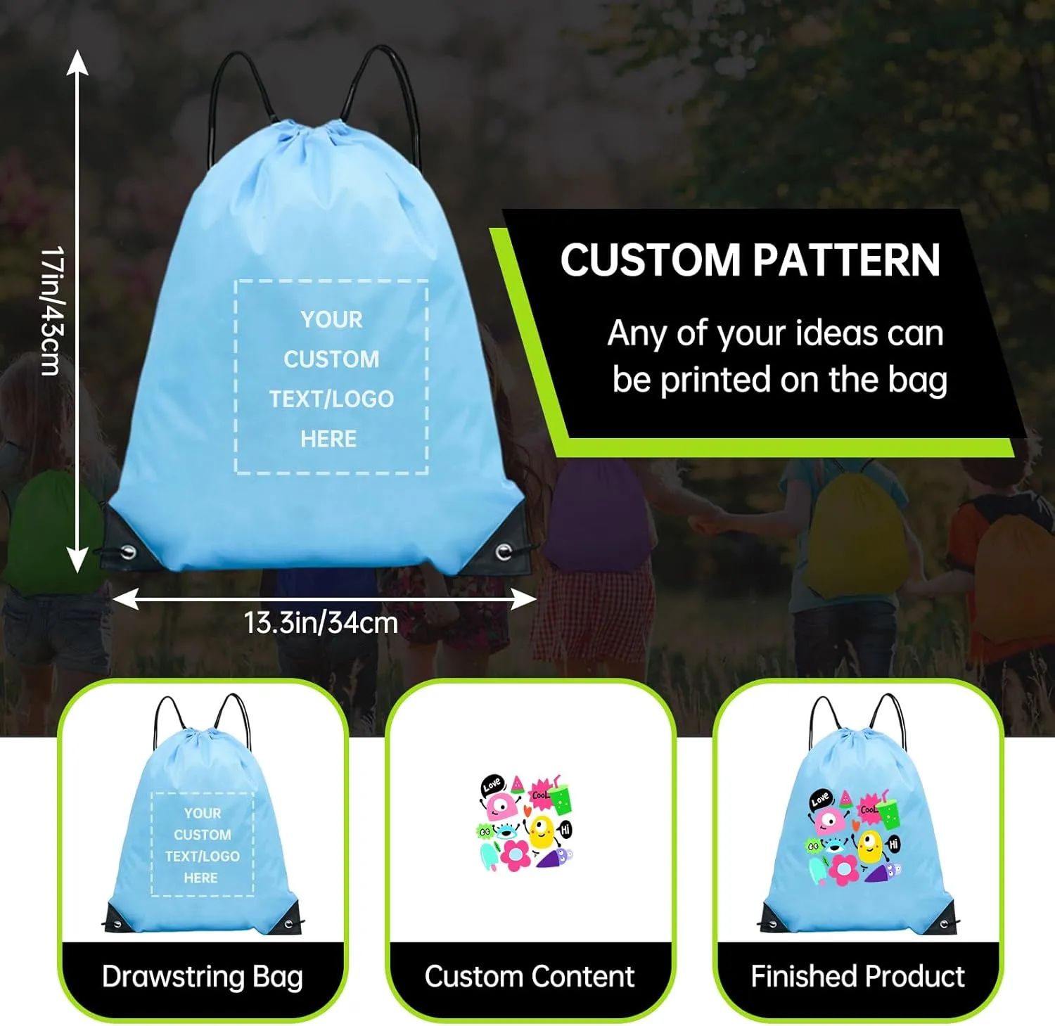 pack of 50 Custom Bags With Your Logo,Drawstring Backpacks Bulk String Bag,Great for Travelling, Gym and for Everyday Use (Custom Sky Blue)