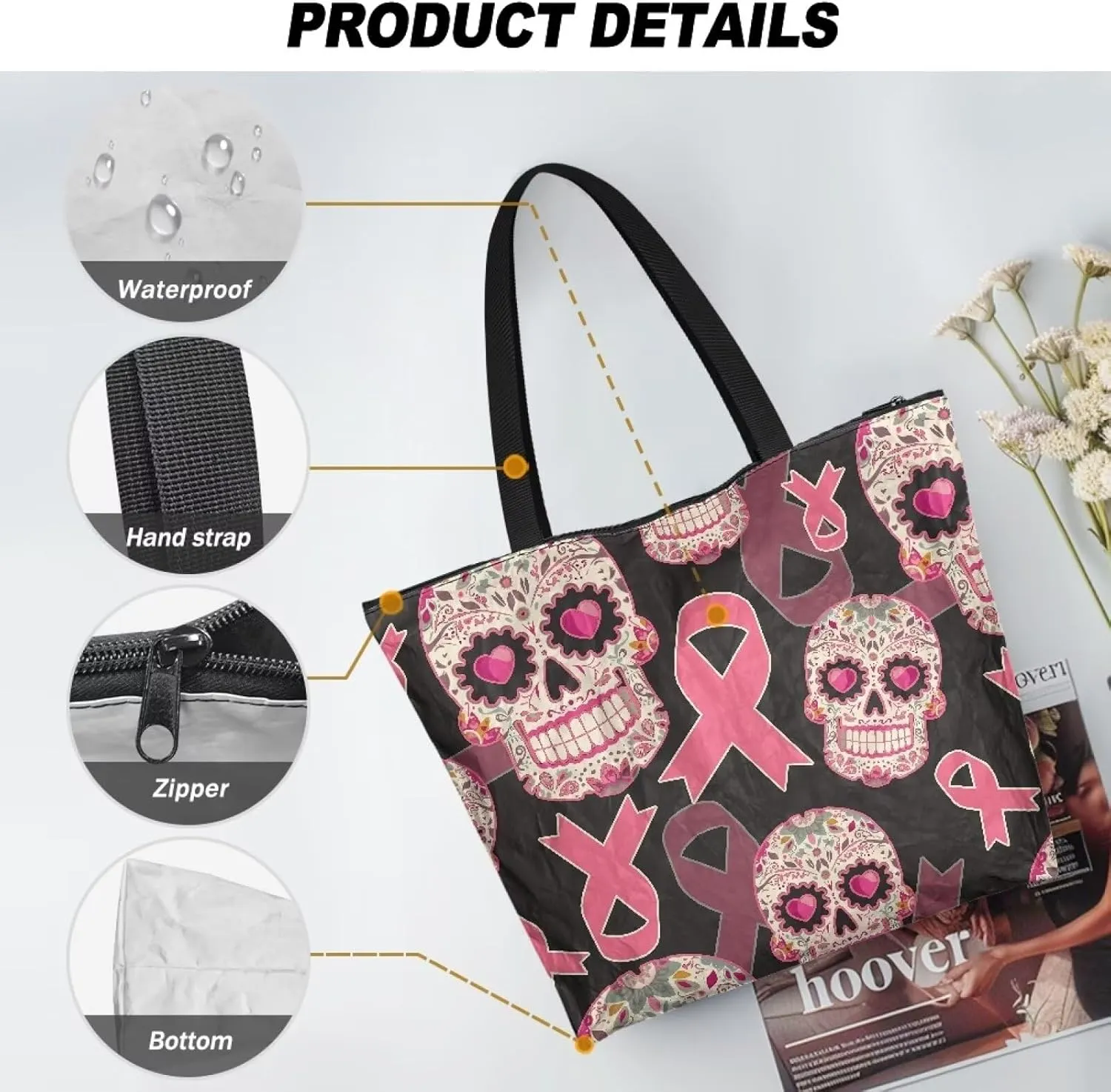 Paper Bag Shoulder Bag with Zippers, Butterfly Flowers Lightweight Large Shopping Beach Totes Bags Book Tote