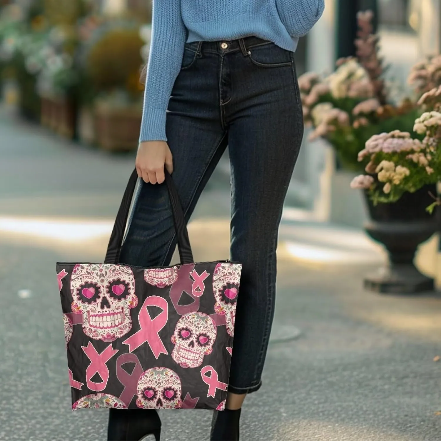 Paper Bag Shoulder Bag with Zippers, Butterfly Flowers Lightweight Large Shopping Beach Totes Bags Book Tote