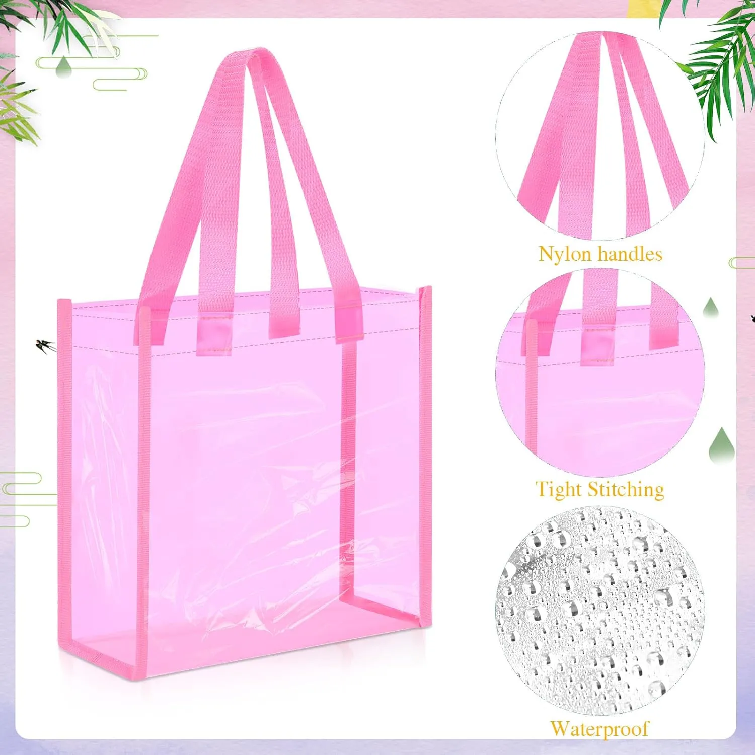 Paterr 30 Pcs Clear Tote Bag Stadium Approved Bulk 10 x 10 x 4 inch Plastic Tote Gifts Bags with Handle for Women Sports Gym(Dark Pink)