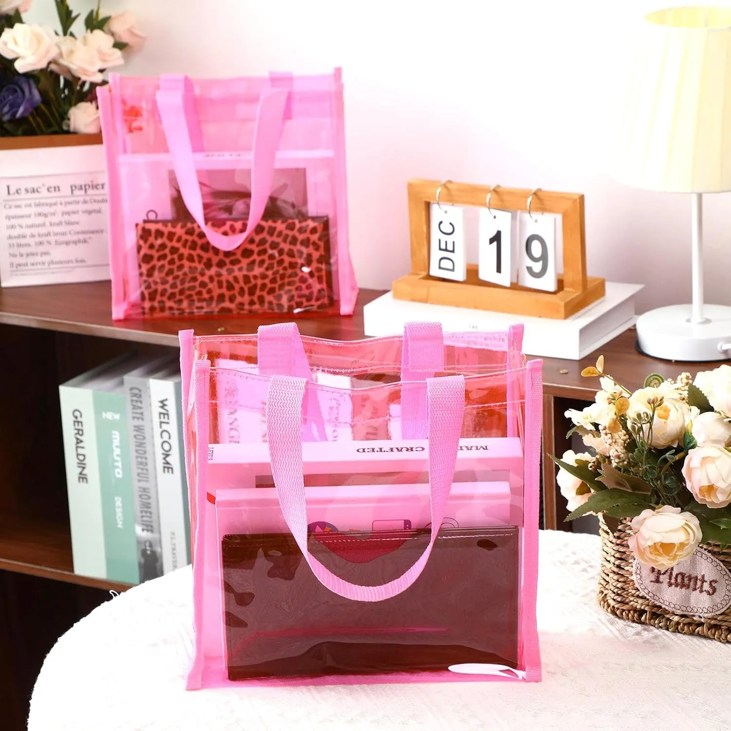 Paterr 30 Pcs Clear Tote Bag Stadium Approved Bulk 10 x 10 x 4 inch Plastic Tote Gifts Bags with Handle for Women Sports Gym(Dark Pink)