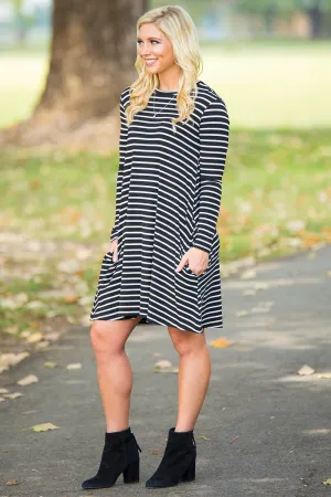 Piko Long Sleeve Tiny Stripe Swing Dress - Black/White