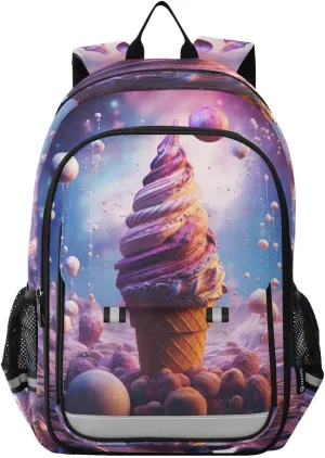 Planet Ice Cream Outer Space Backpack Kids School Bag Lightweight Laptop Backpack Elementary Capacity Student Bookbags for Travel Daypack with Reflective Stripes