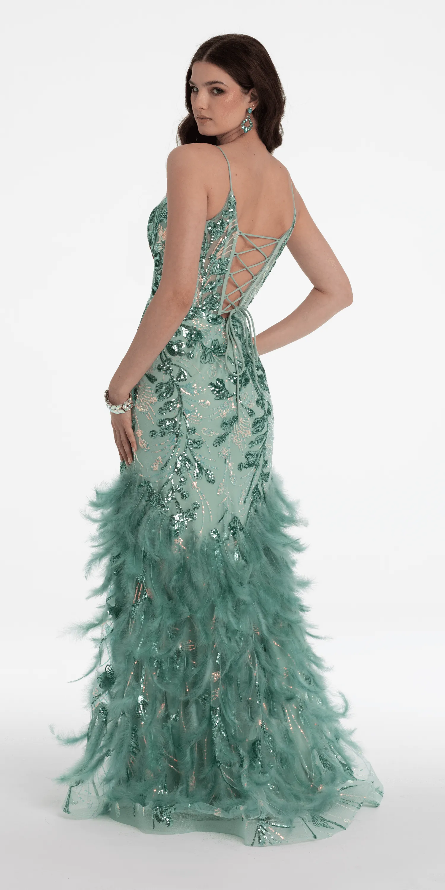 Plunging Sequin Corset Lace Up Back Dress with Feathers