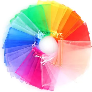 Ponpon 100pcs Assorted Color Organza Bags, 5x7 inches Mesh Bags Drawstring Bags for Candy Jewellery Random Color