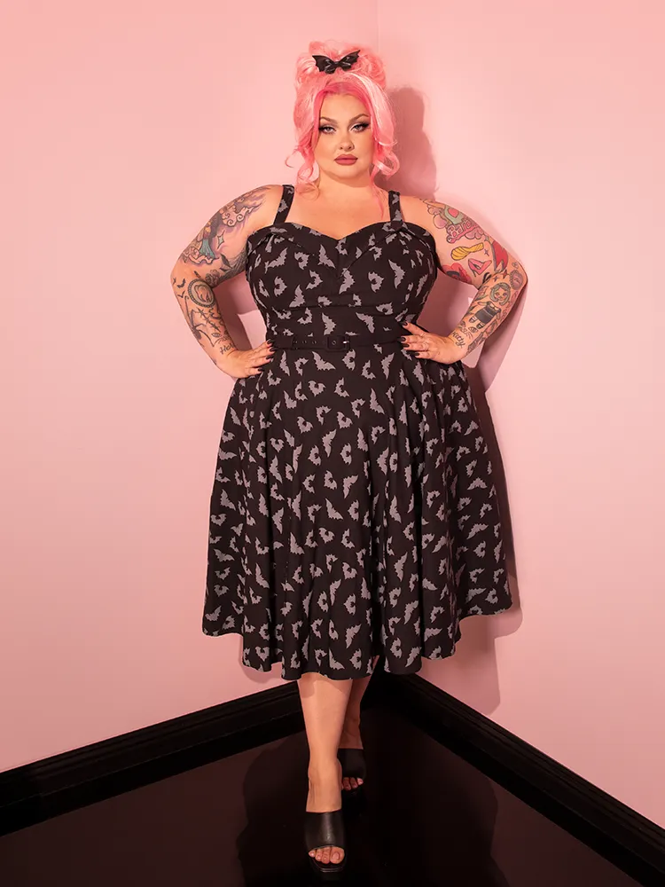 PRE-ORDER - Maneater Swing Dress in Glow in the Dark Bat Print in Black - Vixen by Micheline Pitt