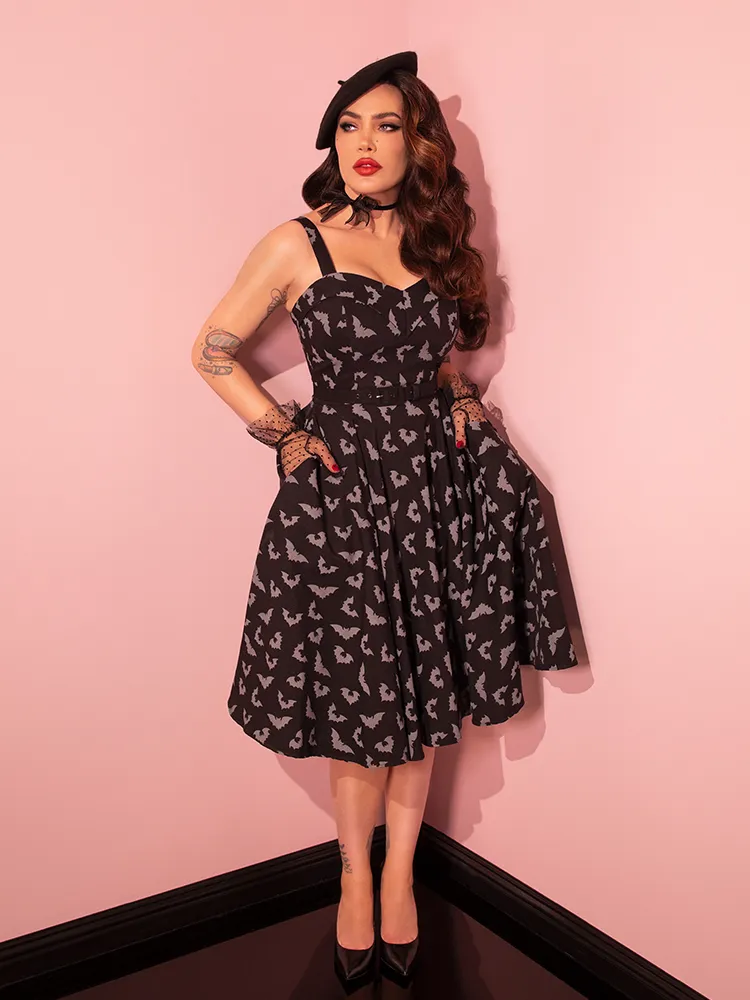 PRE-ORDER - Maneater Swing Dress in Glow in the Dark Bat Print in Black - Vixen by Micheline Pitt