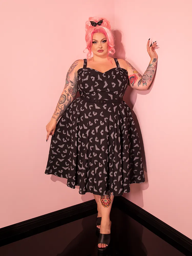 PRE-ORDER - Maneater Swing Dress in Glow in the Dark Bat Print in Black - Vixen by Micheline Pitt