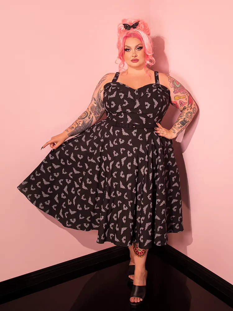 PRE-ORDER - Maneater Swing Dress in Glow in the Dark Bat Print in Black - Vixen by Micheline Pitt
