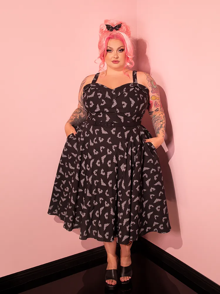 PRE-ORDER - Maneater Swing Dress in Glow in the Dark Bat Print in Black - Vixen by Micheline Pitt