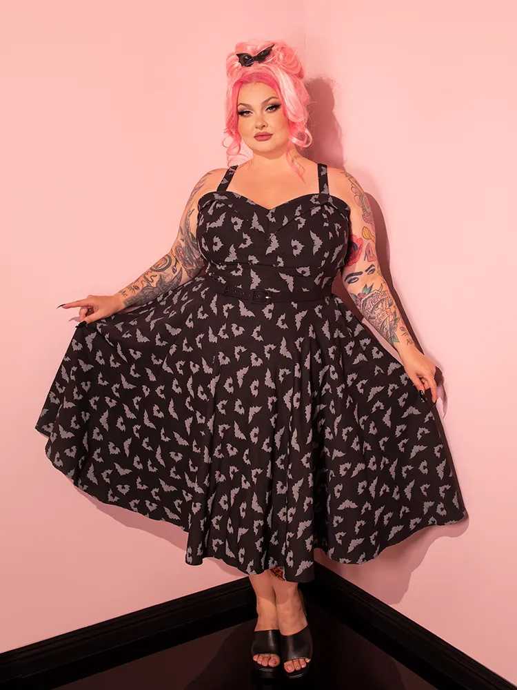 PRE-ORDER - Maneater Swing Dress in Glow in the Dark Bat Print in Black - Vixen by Micheline Pitt