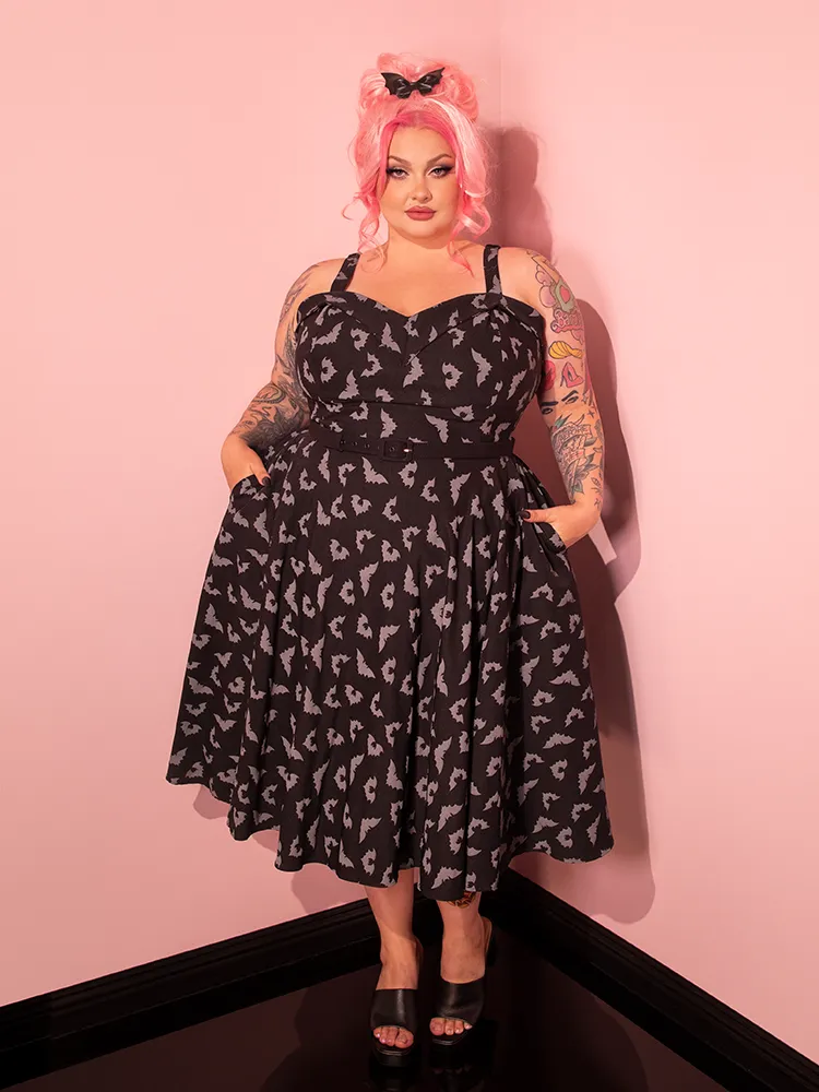 PRE-ORDER - Maneater Swing Dress in Glow in the Dark Bat Print in Black - Vixen by Micheline Pitt