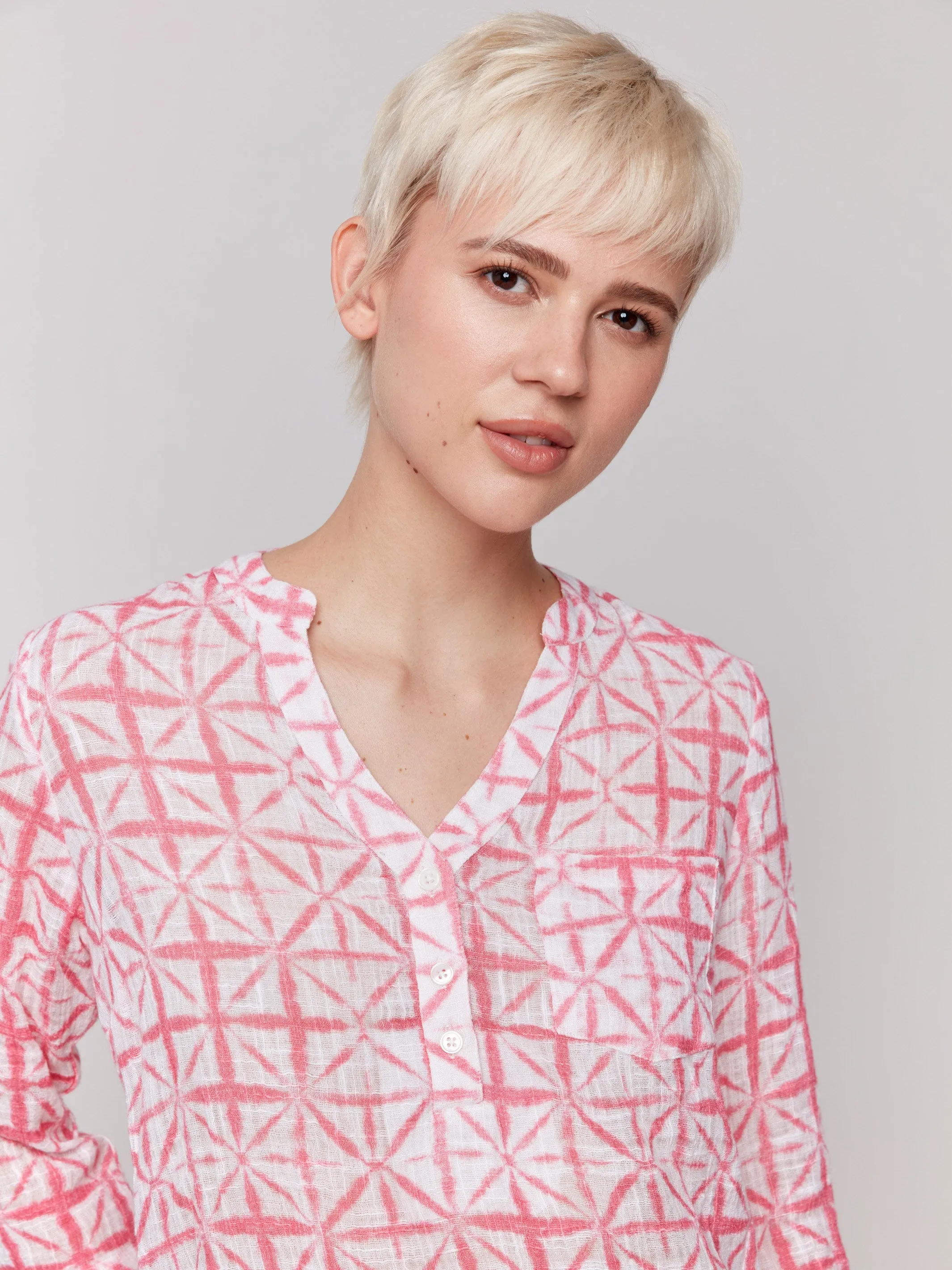 Printed Cotton Gauze Half-Button Blouse - Begonia