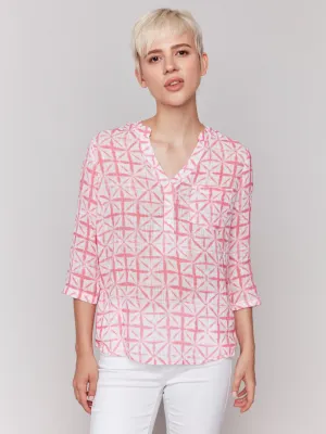 Printed Cotton Gauze Half-Button Blouse - Begonia