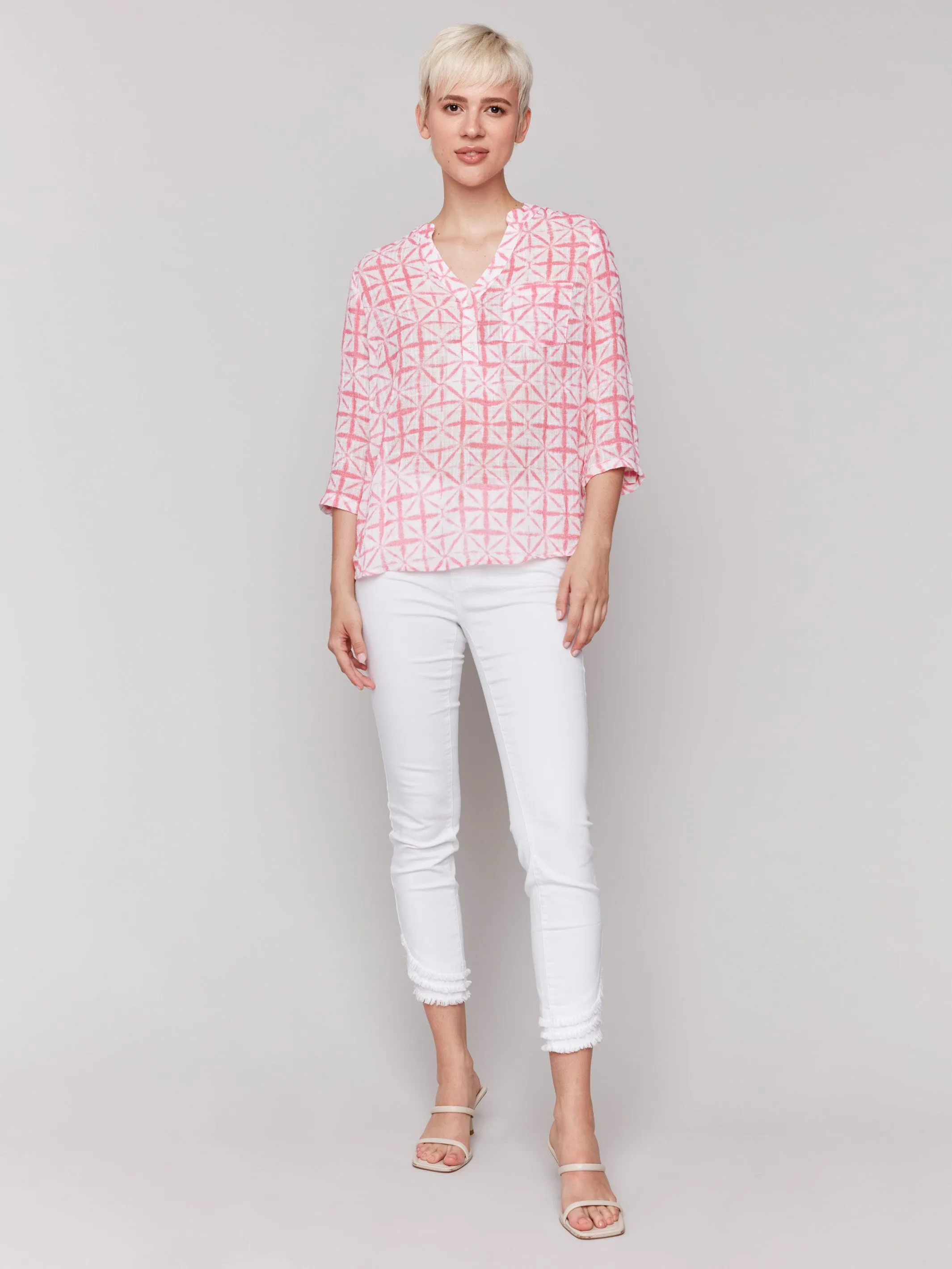 Printed Cotton Gauze Half-Button Blouse - Begonia
