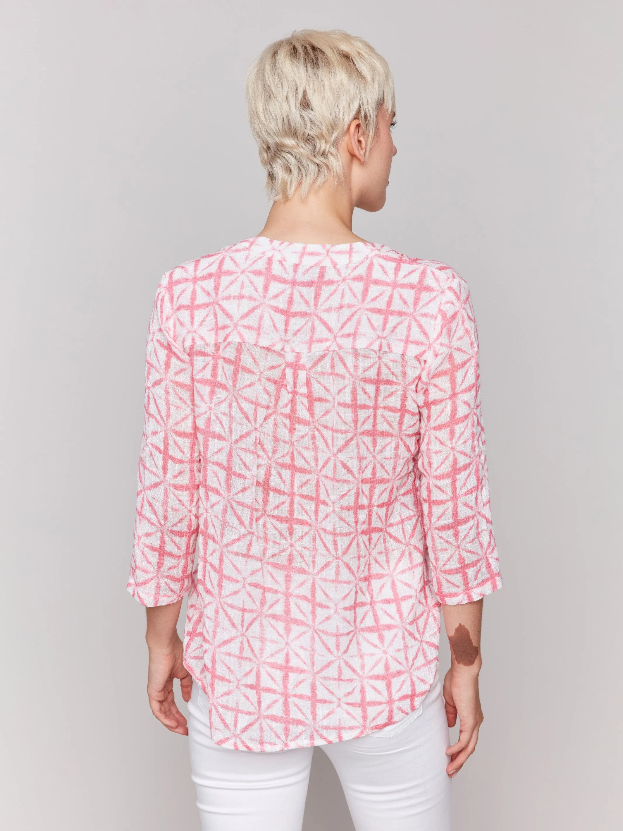 Printed Cotton Gauze Half-Button Blouse - Begonia