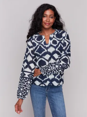 Printed Cotton Long Sleeve Popover Blouse - Navy