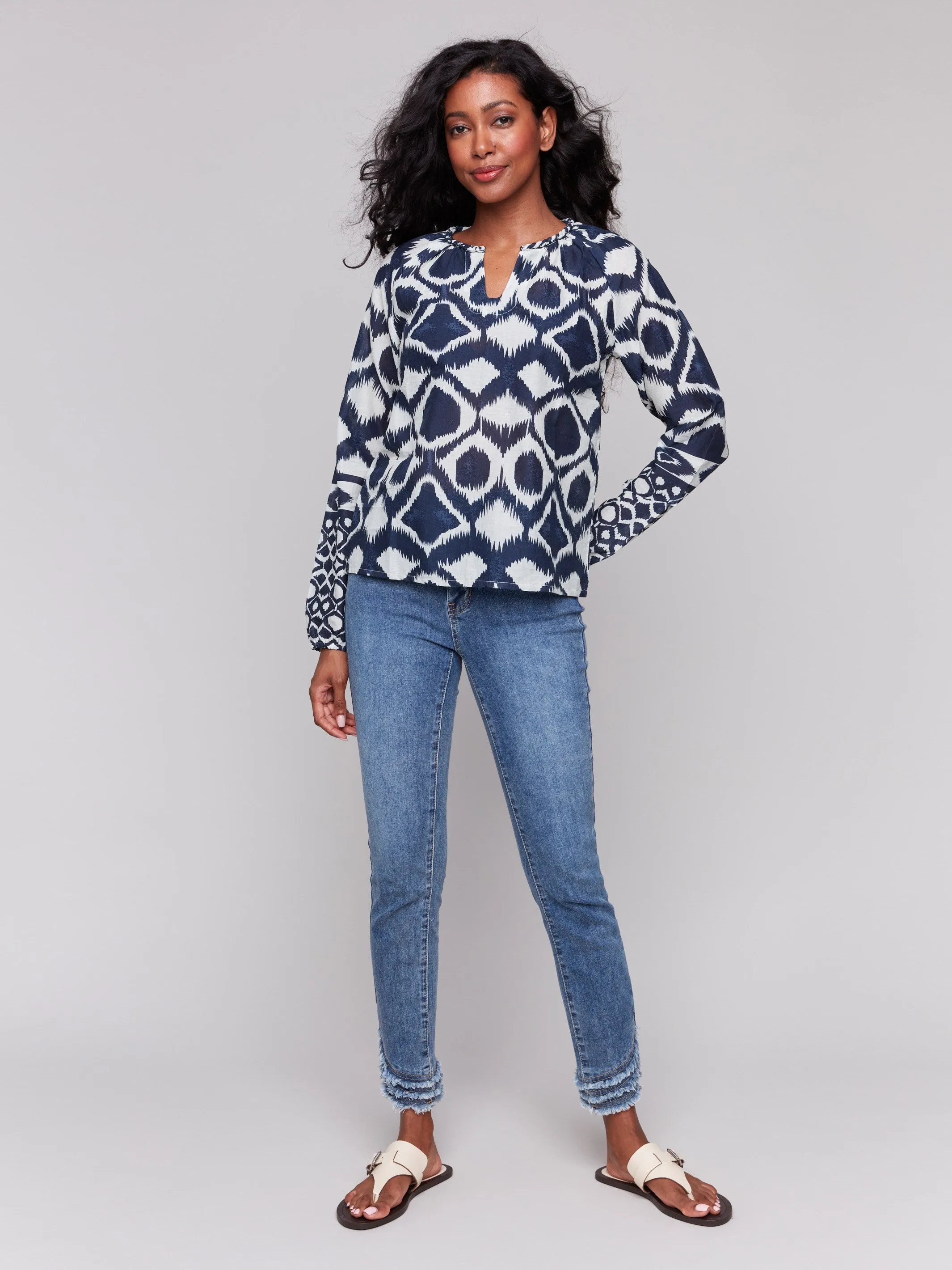 Printed Cotton Long Sleeve Popover Blouse - Navy