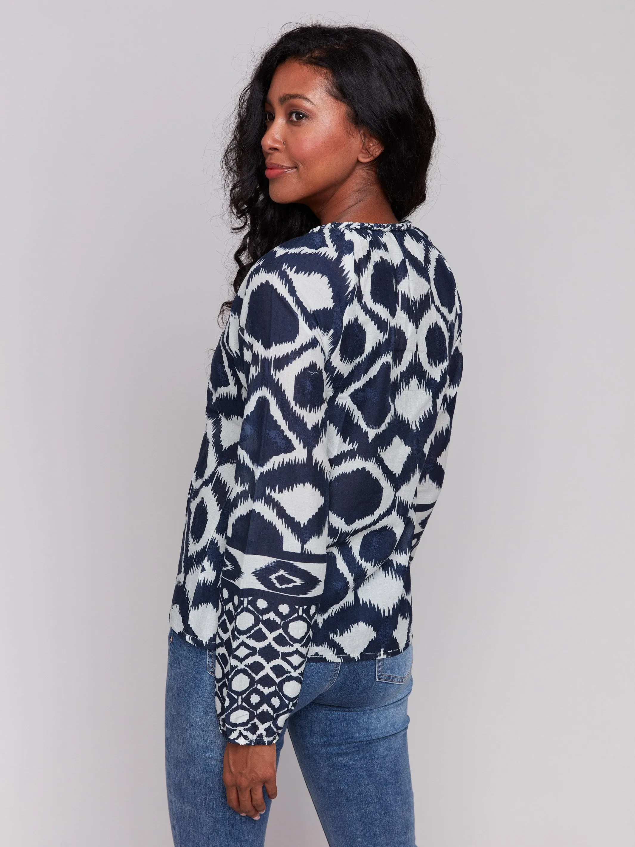 Printed Cotton Long Sleeve Popover Blouse - Navy