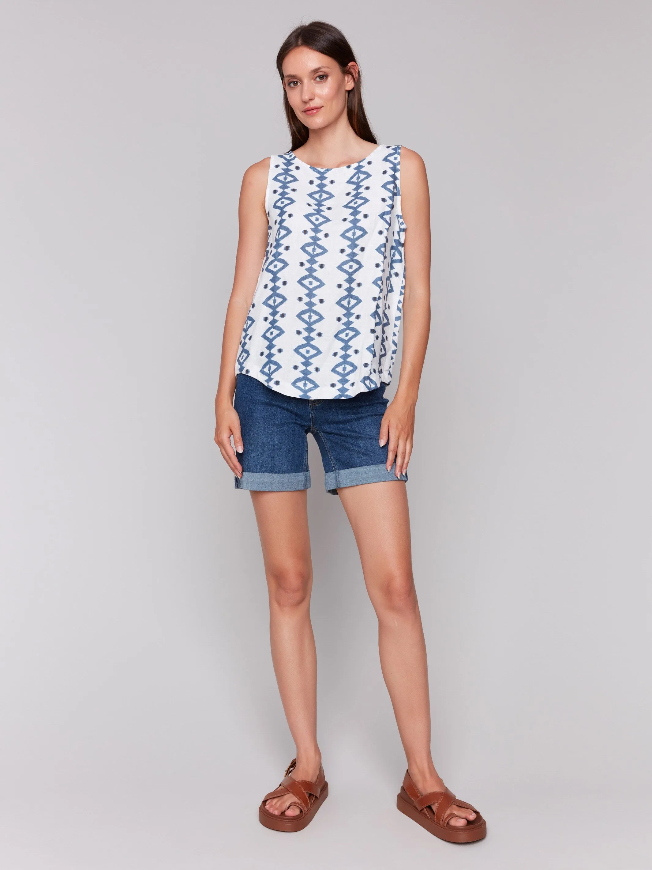 Printed Sleeveless Top with Rounded Hem - Geo