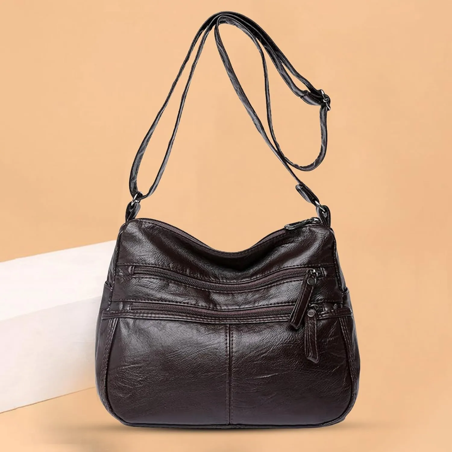 Pu Leather Tote Fashion Casual Women's Retro Soft Leather Zipper Double Pocket Shoulder Messenger Bag