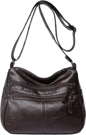 Pu Leather Tote Fashion Casual Women's Retro Soft Leather Zipper Double Pocket Shoulder Messenger Bag