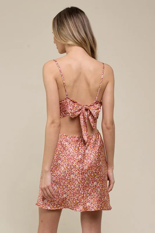 Red Cut Out Tie Back Satin Dress