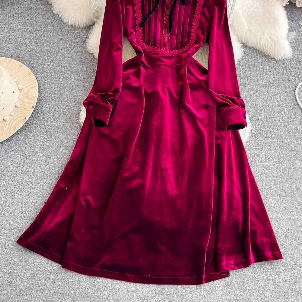 Retro Long Sleeved A Ine Gold Velvet Fall Dress  1704