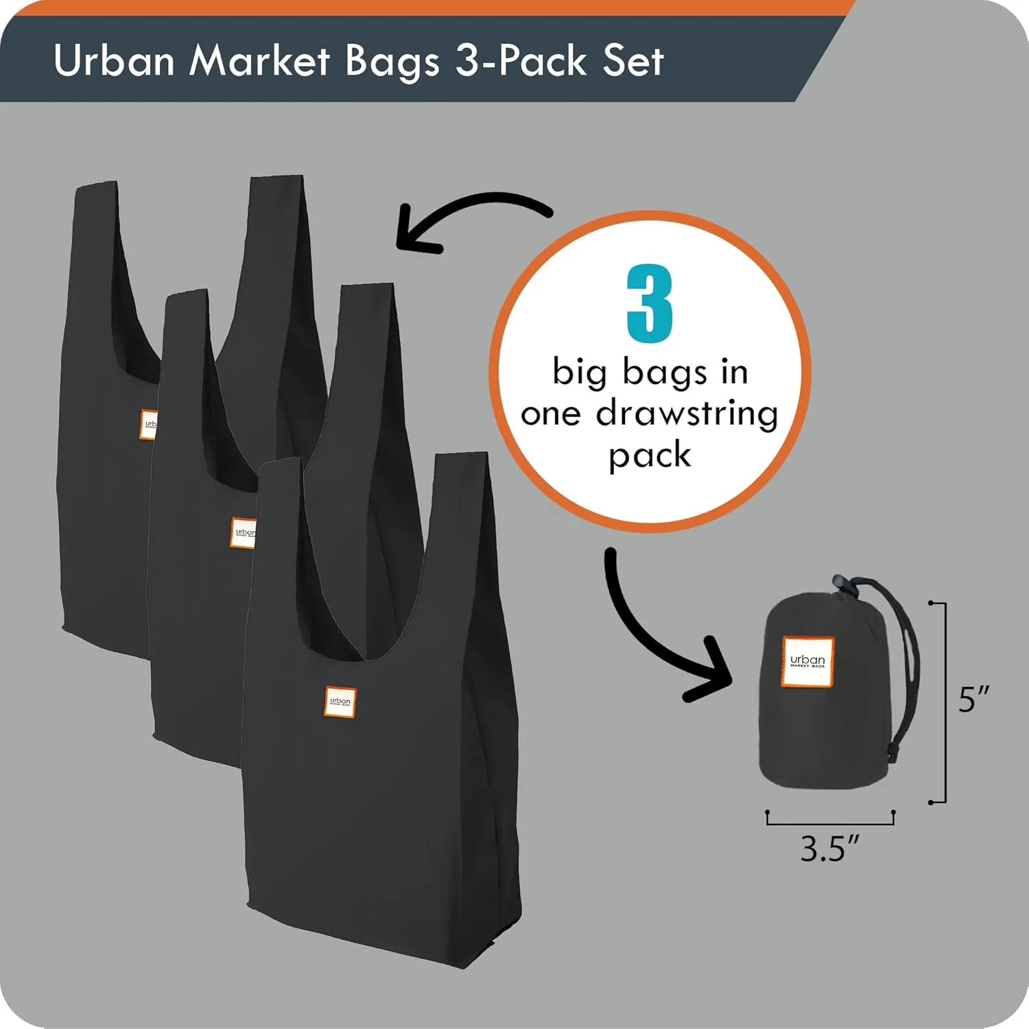 Reusable Shopping Bags, Versatile Grocery Totes, 26' x 12.5', Set of 3, Onyx