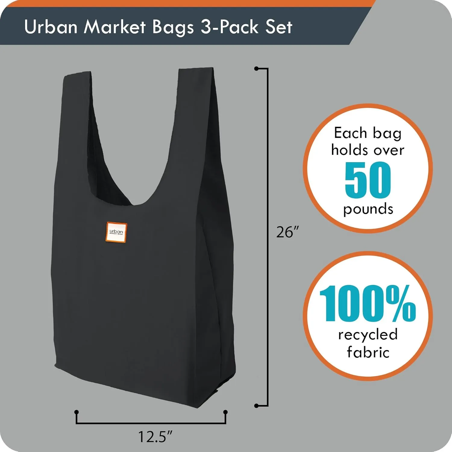 Reusable Shopping Bags, Versatile Grocery Totes, 26' x 12.5', Set of 3, Onyx