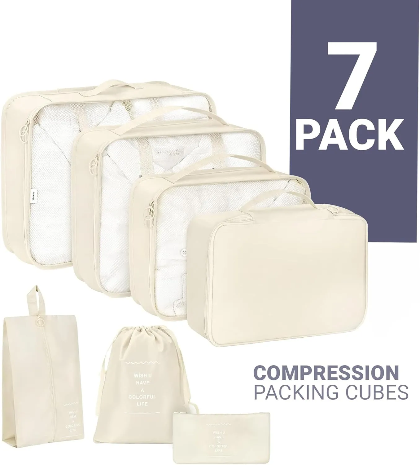 RORMI - 7 Set Packing Cubes Luggage Organizer with Zipper for Packing Suitcase Travel Packing Organizers for Clothes and Shoes with Laundry bags (Beige)