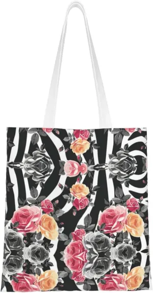 Roses Flower Floral Zebra Stripes Print Totes, Portable Beach Bag,Reusable Grocery Bags Foldable Shopping With Handlesbags