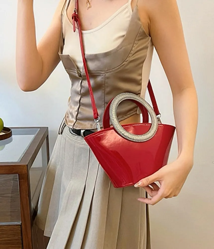 Rungion Women's Bucket Clutch Purse Glossy PU Leather Evening Bags Party Handbag Wedding Y2k Crossbody Shoulder Satchels