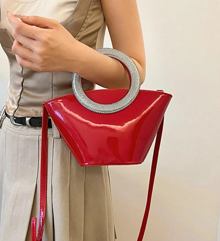 Rungion Women's Bucket Clutch Purse Glossy PU Leather Evening Bags Party Handbag Wedding Y2k Crossbody Shoulder Satchels