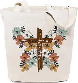 SAUIVD Faith Cross Unique Bright Colour Flowers Cotton Canvas Tote Bag Gift Graphic Casual Handbag Reusable Grocery Bag