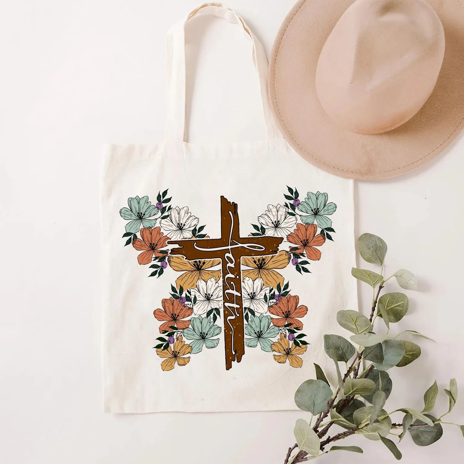 SAUIVD Faith Cross Unique Bright Colour Flowers Cotton Canvas Tote Bag Gift Graphic Casual Handbag Reusable Grocery Bag