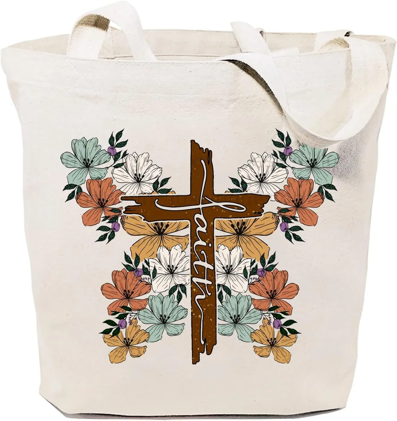 SAUIVD Faith Cross Unique Bright Colour Flowers Cotton Canvas Tote Bag Gift Graphic Casual Handbag Reusable Grocery Bag