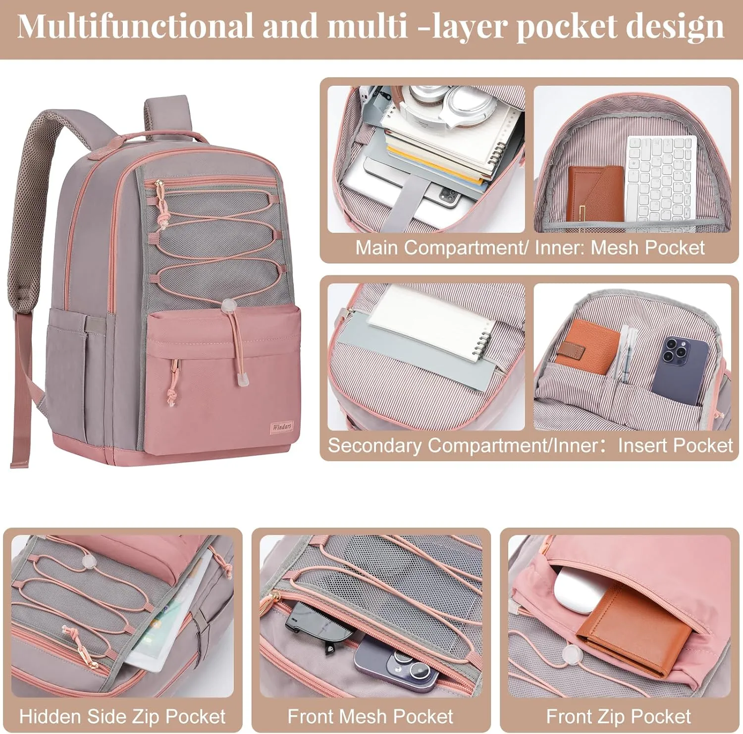 School Backpack for Teens Girls, Aesthetic College Backpack Large Bookbag for Women Students Fashion 15.6 Inch Laptop Bag for Work Travel (Pink & Grey)