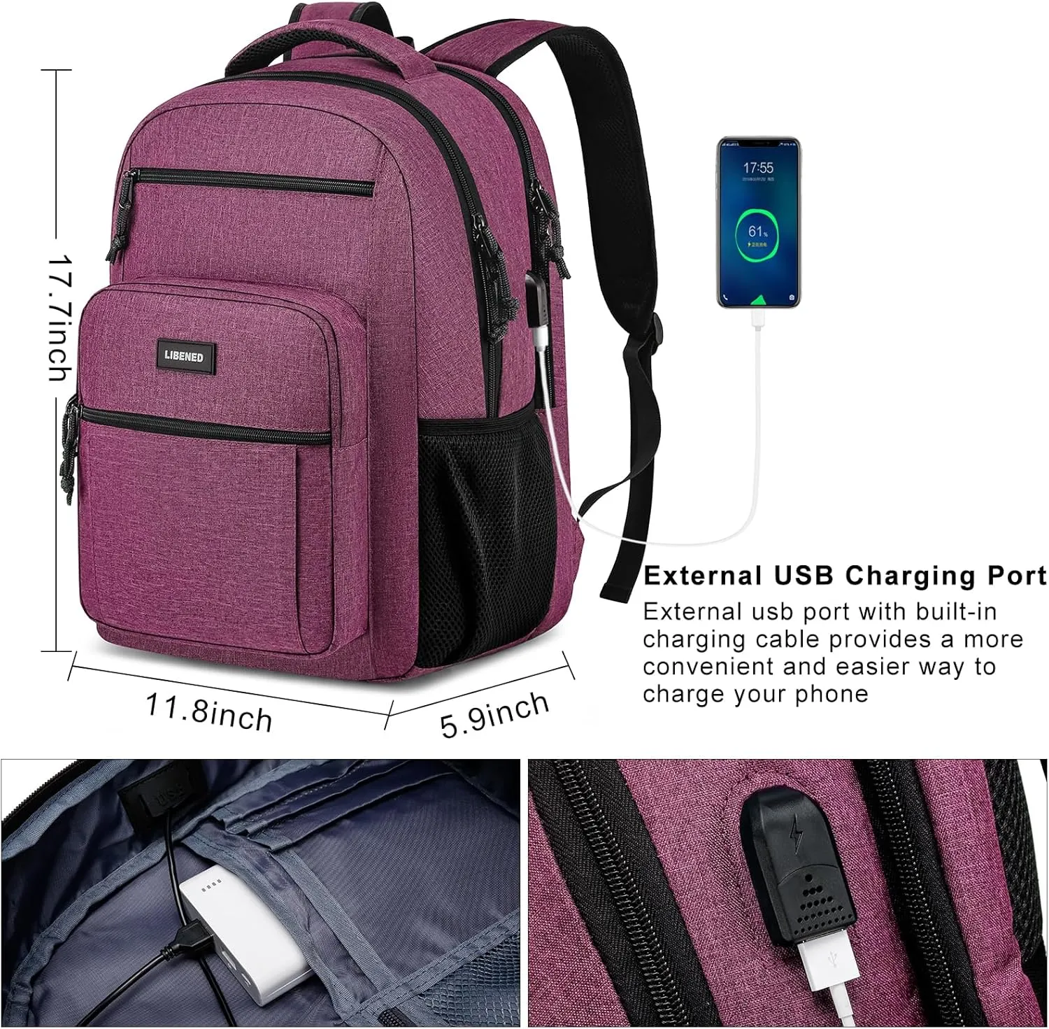 School Backpack for Teens Girls and Boys, Lightweight and Sturdy Bookbag for College with USB Charging Port, Red