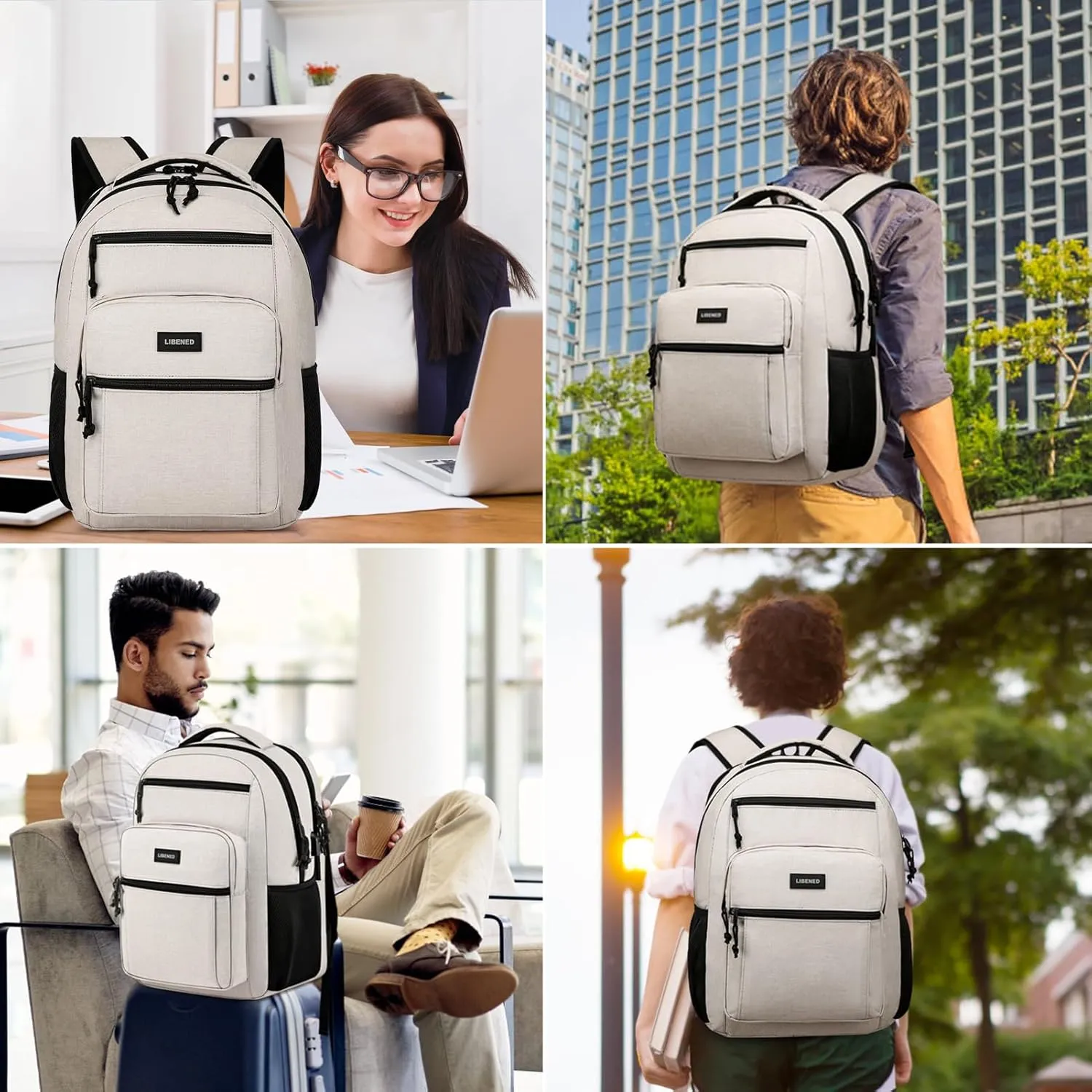 School Backpacks for Teens Boys and Girls, Laptop Teens backpack with USB Charging Port, 15.6 Inch Water Resistant Mochila for Work, College, Beige