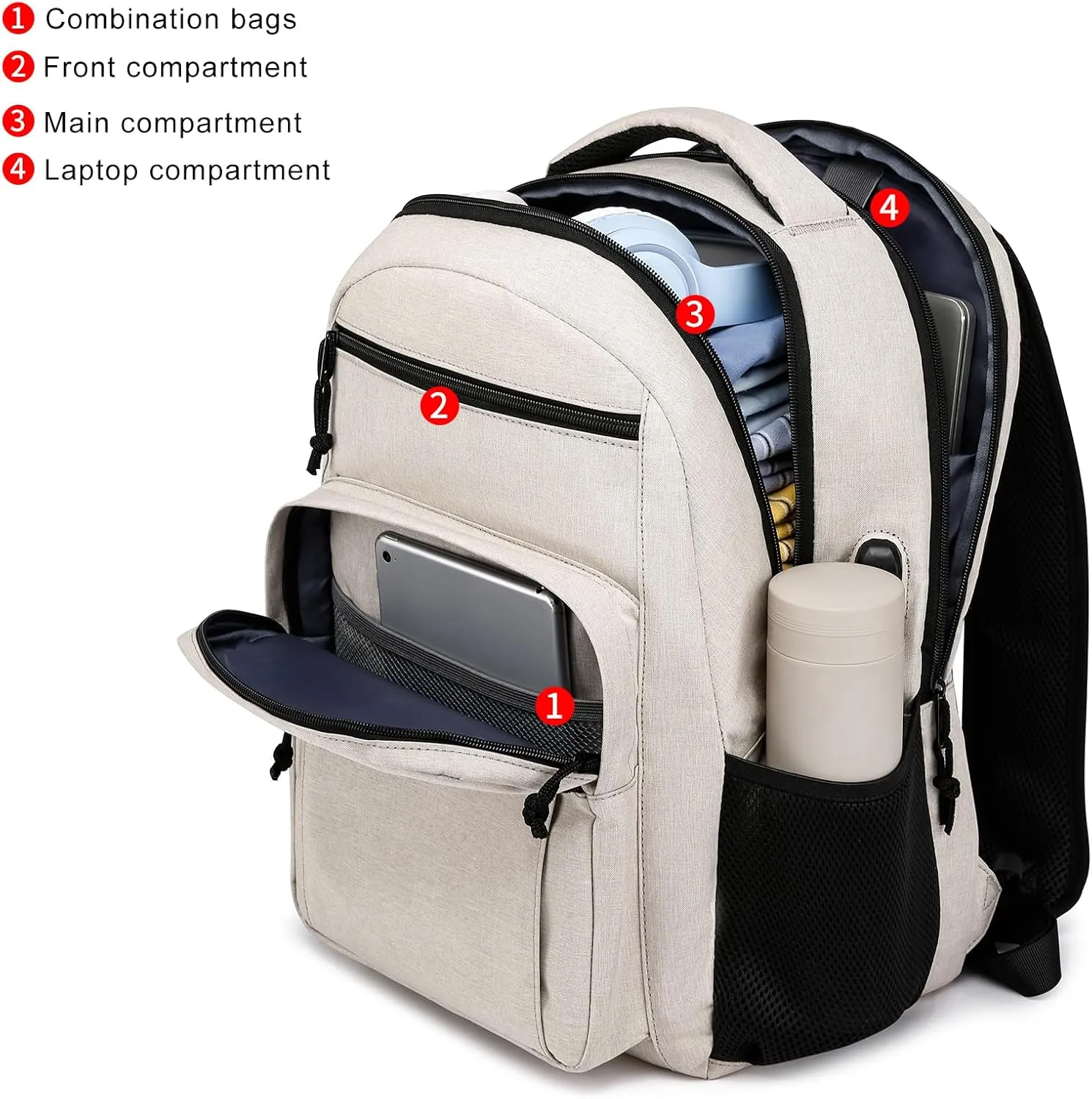 School Backpacks for Teens Boys and Girls, Laptop Teens backpack with USB Charging Port, 15.6 Inch Water Resistant Mochila for Work, College, Beige