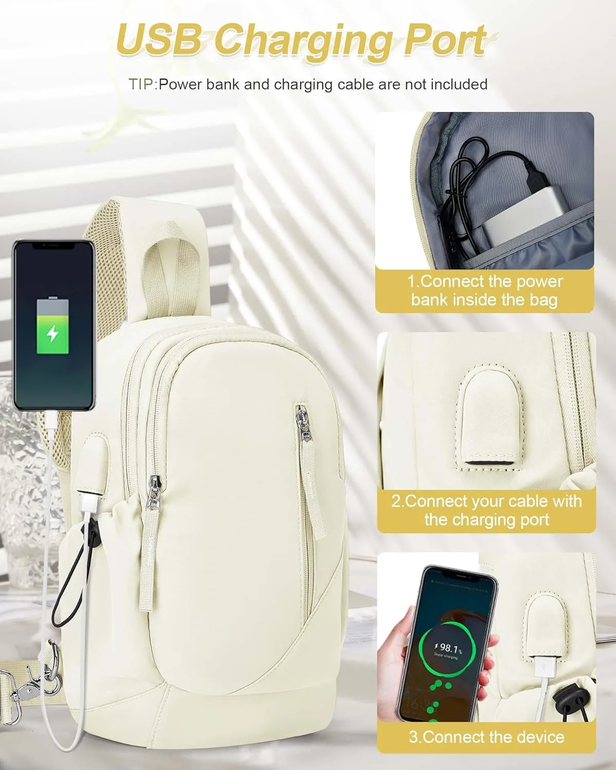 SEAFEW Crossbody Sling Backpacks Sling Bag for Men Women, Shoulder Backpack Chest Bags with USB Charger Port off white